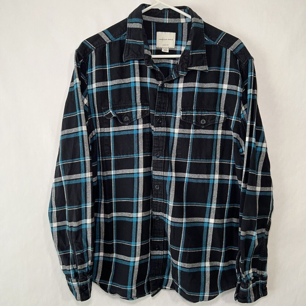 American Eagle Classic Fit Button Up Flannel Shirt Mens Size XL Black Blue Plaid